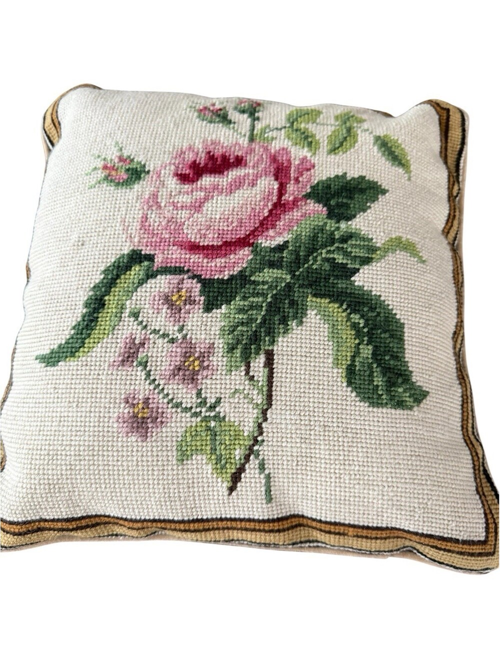 Vintage Needlepoint Throw Pillow With Zip Off Cover 13” Square